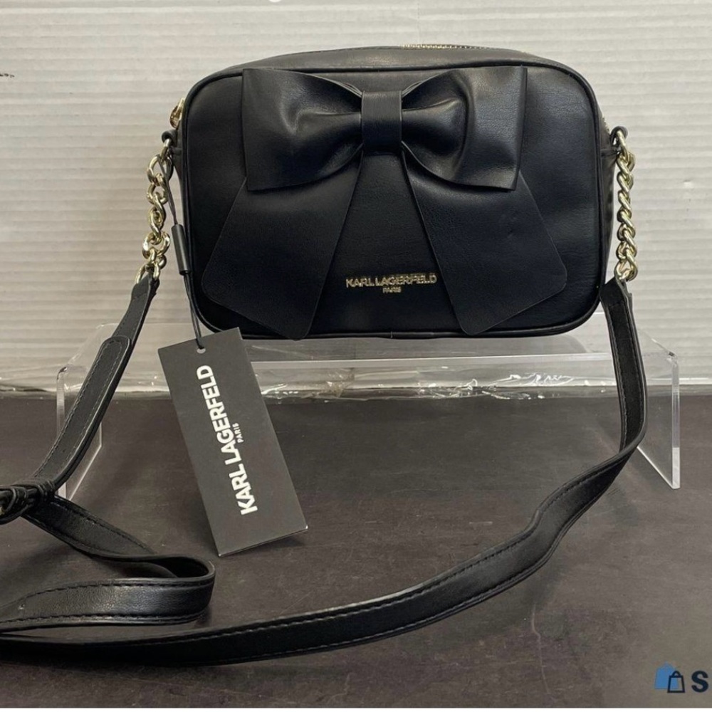Elegant Karl Lagerfeld Paris rectangular black leather bow crossbody bag - Picture 3 of 11